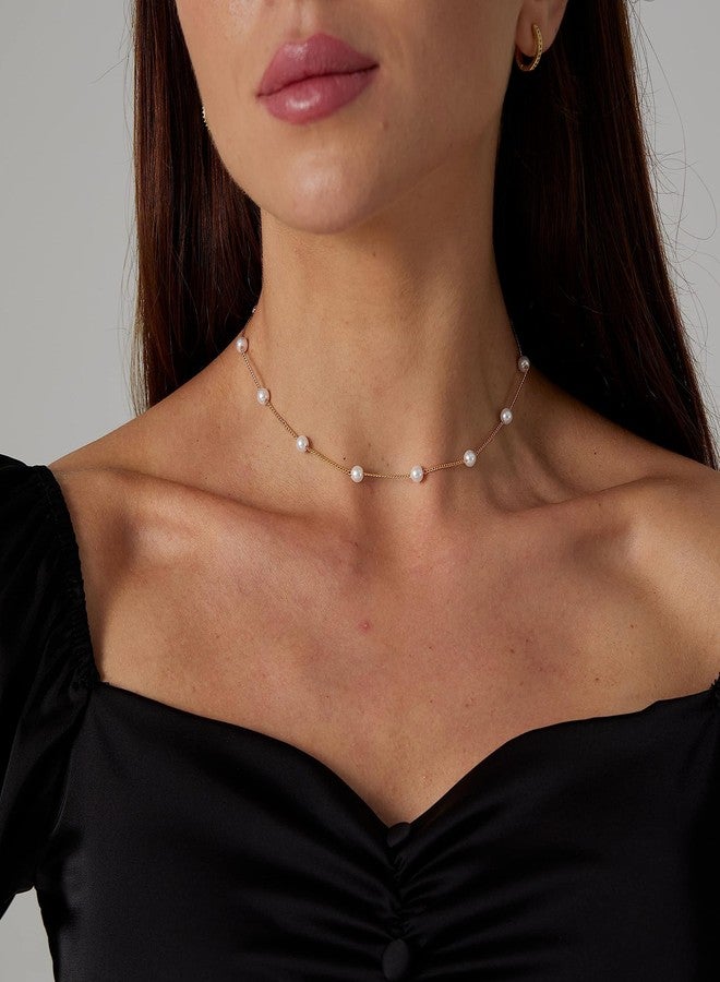 Kyerlyn Gold Choker,Dainty Pearl Pendant Necklace for Women 14k Gold Plated Barque Chain Necklace Handmade Cultured with Freshwater Pearl Everyday Jewelry for Gifts - Image 3